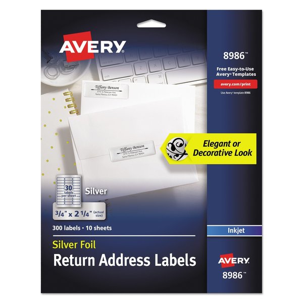 Avery Foil Mailing Labels, Inkjet Printers, 0.75 x 2.25, Silver, PK300 08986